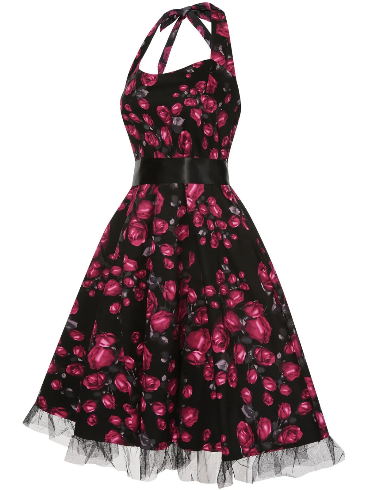 Outlet Retro Stage 1950s Floral Halter Lace Swing Dress Red
