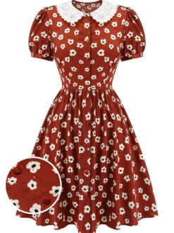 Discount Retro Stage 1960s Floral Puff Sleeve Fla Dress Red