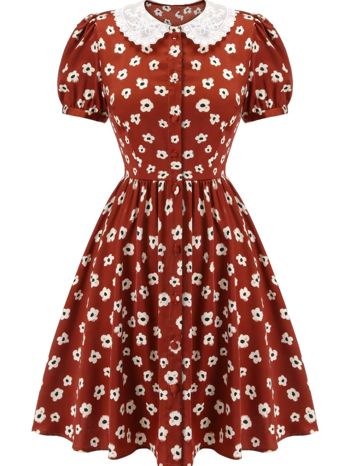 Discount Retro Stage 1960s Floral Puff Sleeve Fla Dress Red