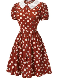 Discount Retro Stage 1960s Floral Puff Sleeve Fla Dress Red