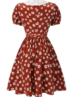 Discount Retro Stage 1960s Floral Puff Sleeve Fla Dress Red