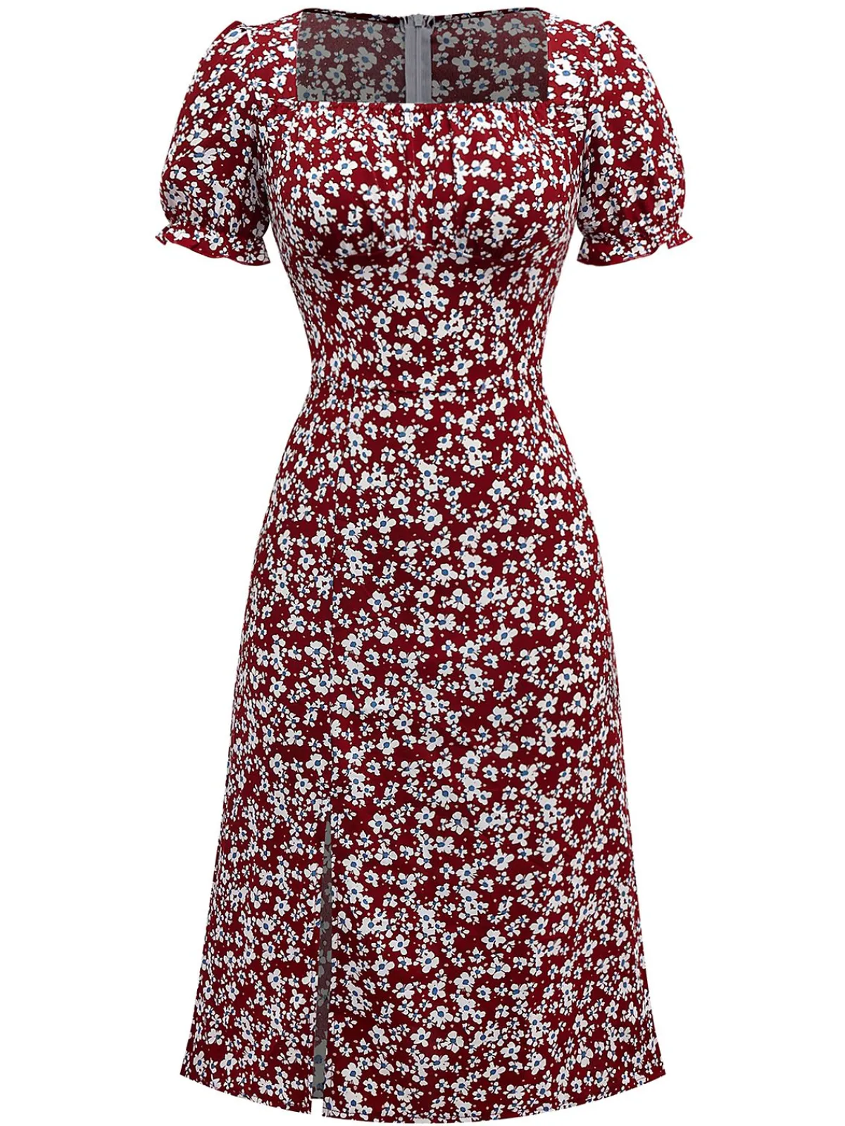 New Retro Stage 1940s Floral Square Neck Puff Sleeve Dress Red