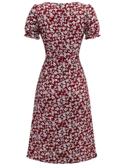 New Retro Stage 1940s Floral Square Neck Puff Sleeve Dress Red