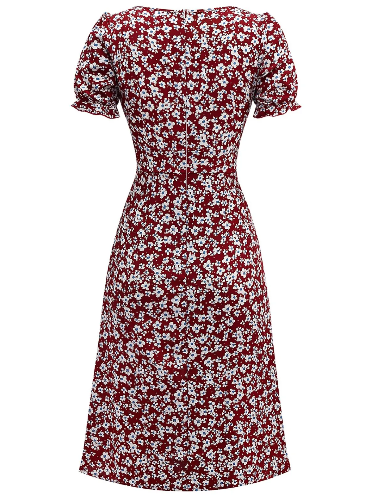 New Retro Stage 1940s Floral Square Neck Puff Sleeve Dress Red
