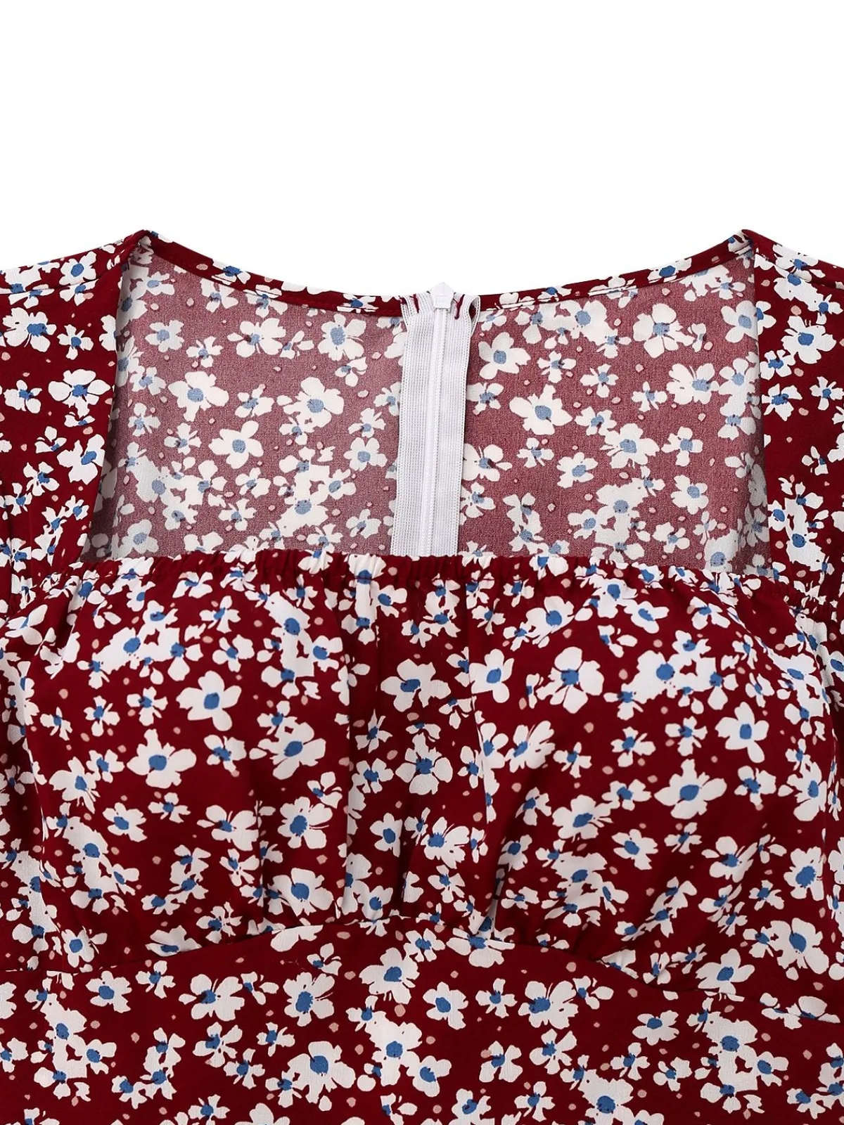 New Retro Stage 1940s Floral Square Neck Puff Sleeve Dress Red