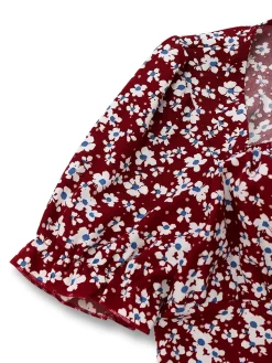 New Retro Stage 1940s Floral Square Neck Puff Sleeve Dress Red