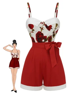 Fashion Retro Stage 1950s Floral Strap Patchwork Romper Red