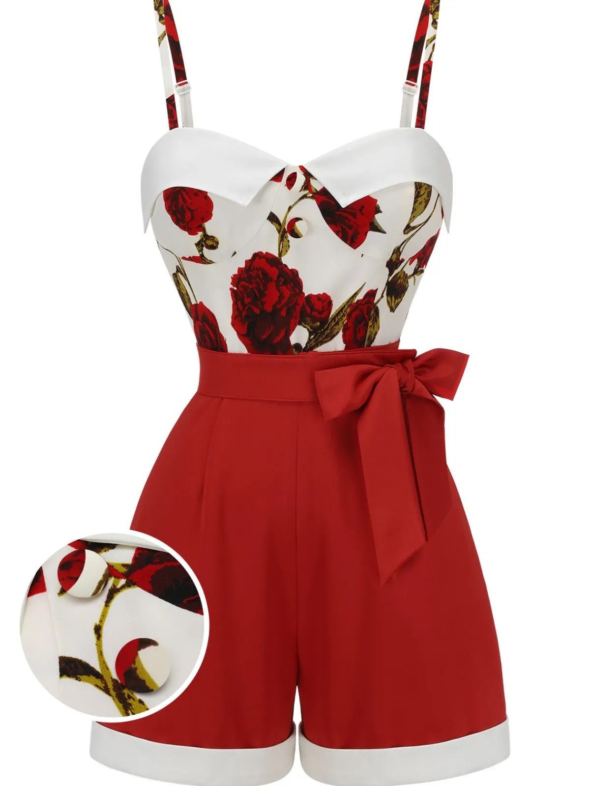 Fashion Retro Stage 1950s Floral Strap Patchwork Romper Red