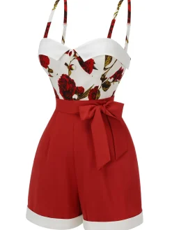 Fashion Retro Stage 1950s Floral Strap Patchwork Romper Red