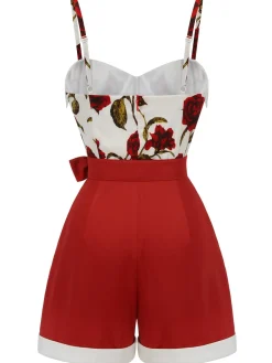 Fashion Retro Stage 1950s Floral Strap Patchwork Romper Red