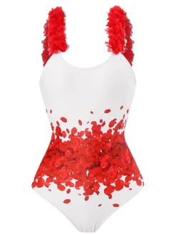 Hot Retro Stage 1960s Floral Suspender Swimsuit Set Red
