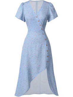 Best Retro Stage Red 1940s Floral V-Neck Added Button Dress