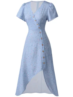 Best Retro Stage Red 1940s Floral V-Neck Added Button Dress