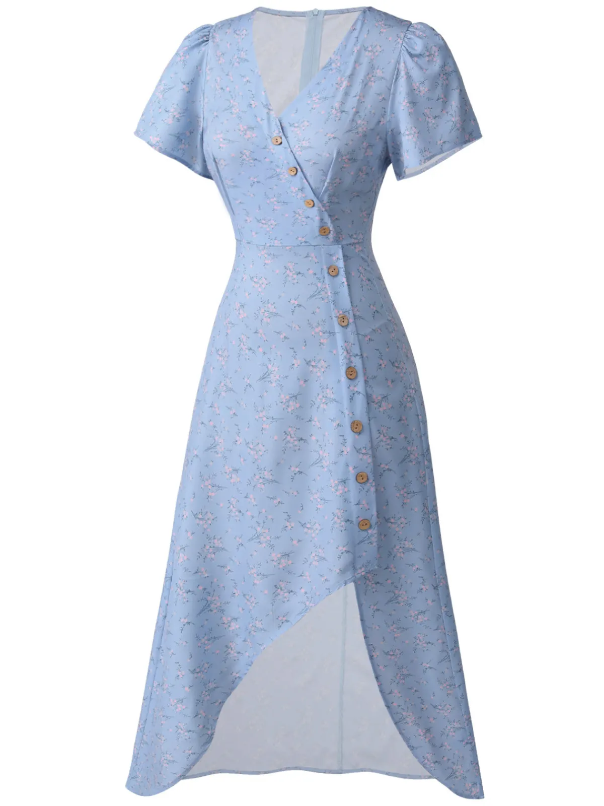Best Retro Stage Red 1940s Floral V-Neck Added Button Dress