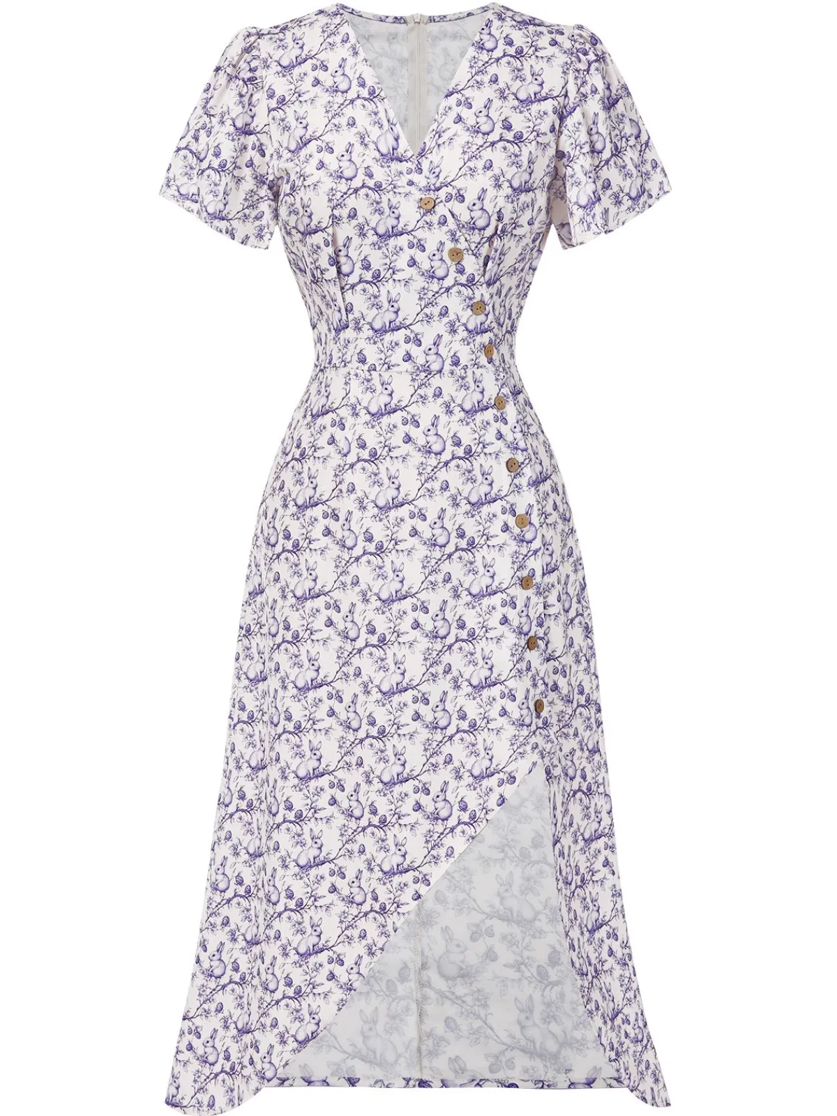 Best Retro Stage Red 1940s Floral V-Neck Added Button Dress