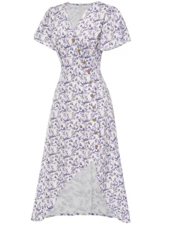 Best Retro Stage Red 1940s Floral V-Neck Added Button Dress