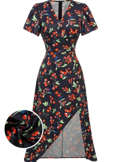 Best Retro Stage Red 1940s Floral V-Neck Added Button Dress