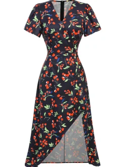 Best Retro Stage Red 1940s Floral V-Neck Added Button Dress