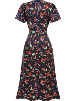 Best Retro Stage Red 1940s Floral V-Neck Added Button Dress