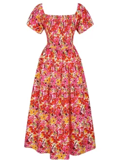 Clearance Retro Stage 1940s Flower Print Square Neck Tie Dress Red