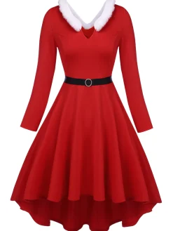 Fashion Retro Stage 1950s Furry Solid Swing Dress Red