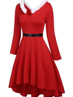Fashion Retro Stage 1950s Furry Solid Swing Dress Red