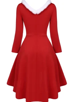 Fashion Retro Stage 1950s Furry Solid Swing Dress Red