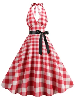 Discount Retro Stage 1950s Gingham Plaid Halter Swing Dress Red