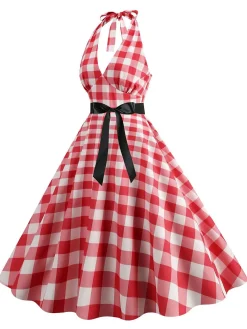 Discount Retro Stage 1950s Gingham Plaid Halter Swing Dress Red