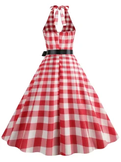 Discount Retro Stage 1950s Gingham Plaid Halter Swing Dress Red
