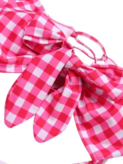Discount Retro Stage 1950s Gingham Plaid Hollow Puff Swimsuit Red
