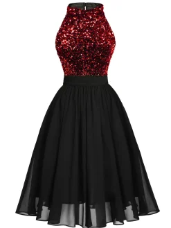 Clearance Retro Stage Red 1950s Gold Glitter Patchwork Dress