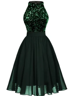 Clearance Retro Stage Red 1950s Gold Glitter Patchwork Dress