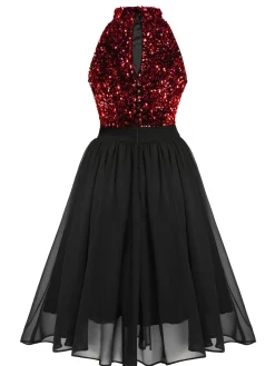 Clearance Retro Stage Red 1950s Gold Glitter Patchwork Dress