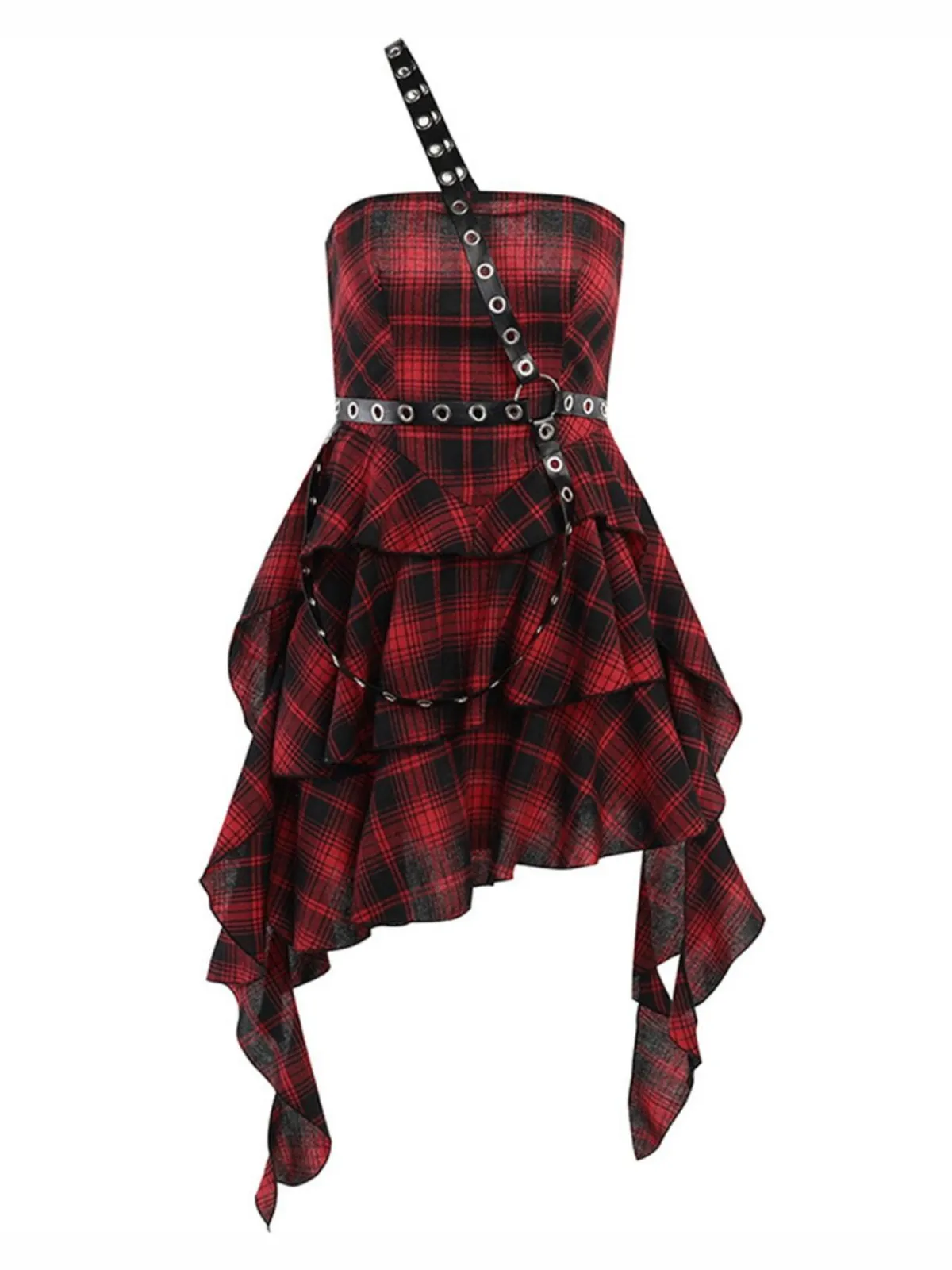 Online Retro Stage 1960s Gothic One-Shoulder Plaid Dress Red