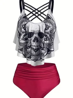 Sale Retro Stage Red 1980s Gothic Skull Front Cross Ruffle Swimsuit Deep Red
