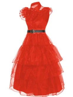 Best Retro Stage Red 1950s Halloween Lace Belt Dress