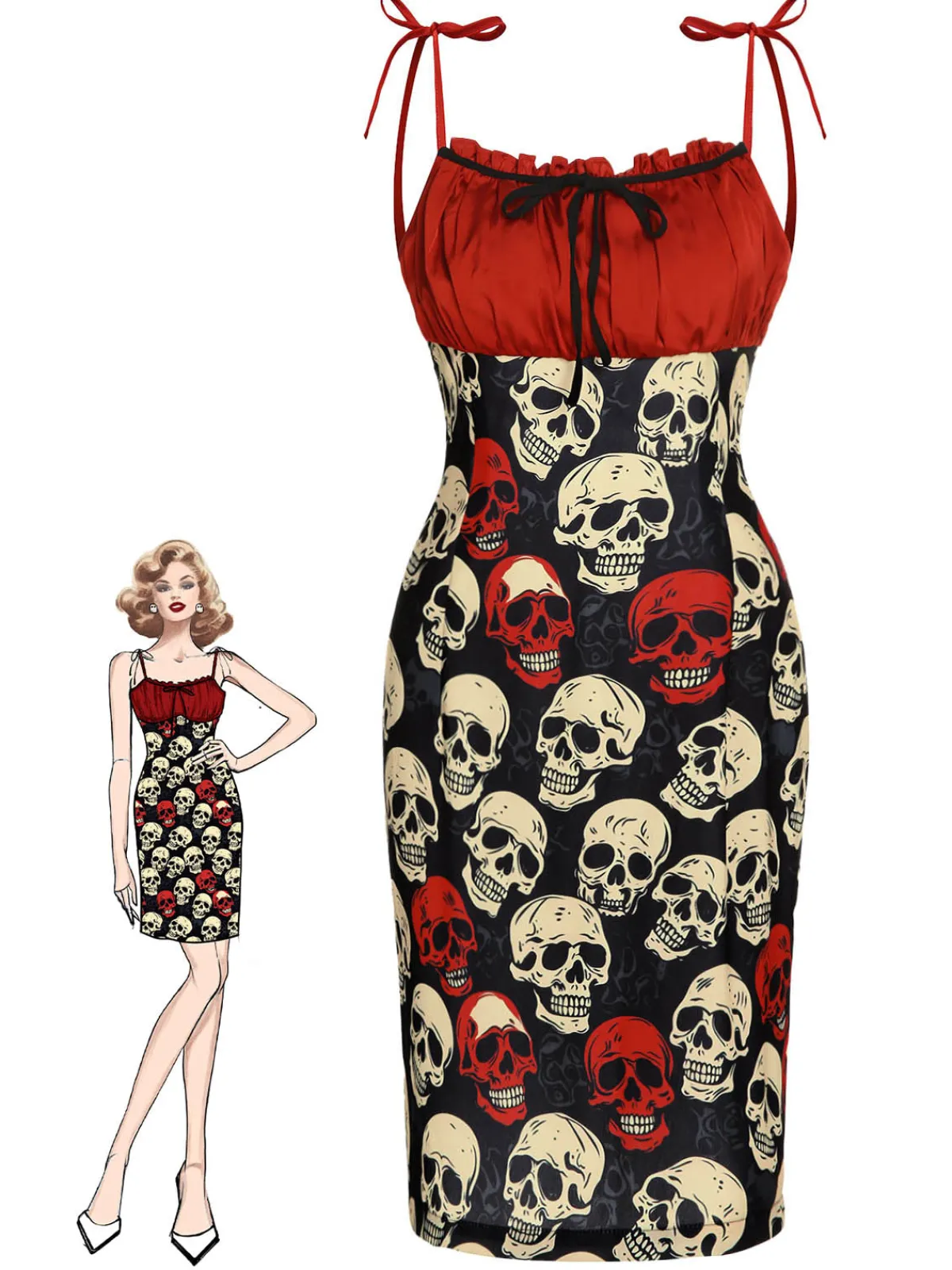 Sale Retro Stage 1960s Halloween Skull Strap Dress Red