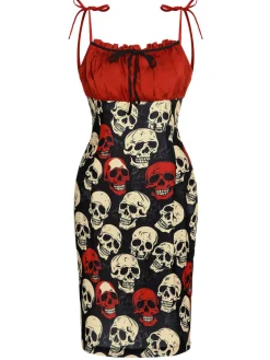 Sale Retro Stage 1960s Halloween Skull Strap Dress Red