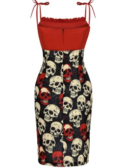 Sale Retro Stage 1960s Halloween Skull Strap Dress Red