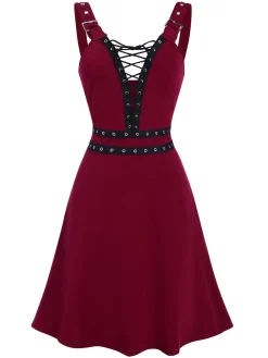 Hot Retro Stage 1950s Halloween V-Neck Lace-Up Dress Red