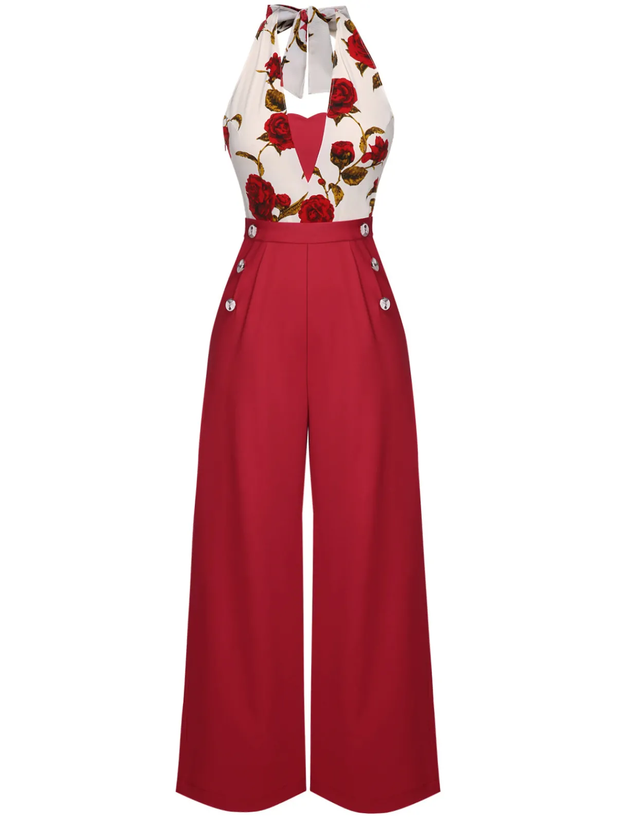 Outlet Retro Stage 1930s Halter Deep V-Neck Roses Jumpsuit Red