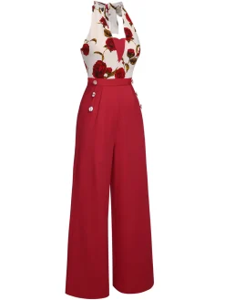 Outlet Retro Stage 1930s Halter Deep V-Neck Roses Jumpsuit Red
