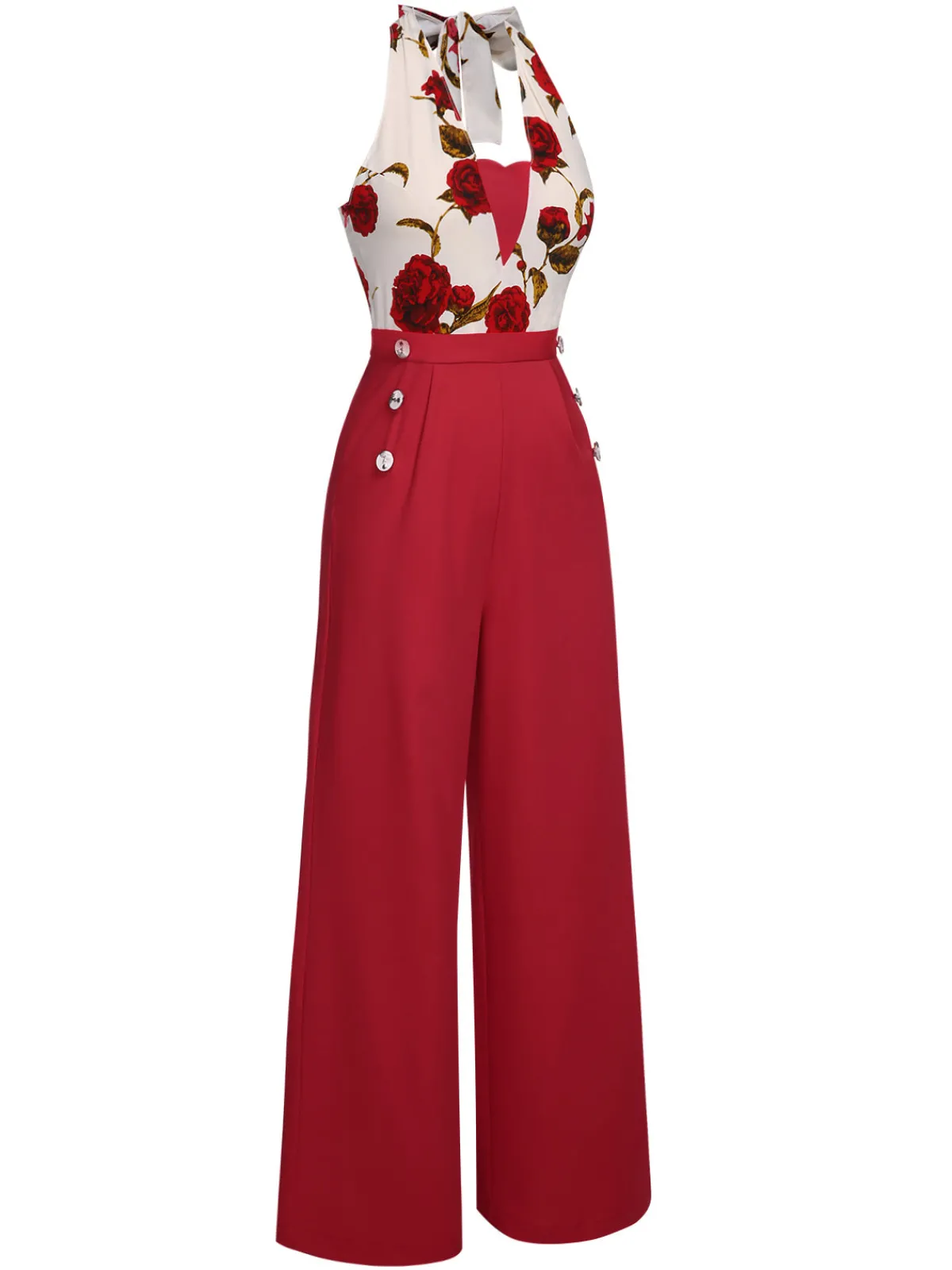 Outlet Retro Stage 1930s Halter Deep V-Neck Roses Jumpsuit Red