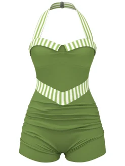 Fashion Retro Stage Red 1940s Halter Patchwork One-piece Swimsuit