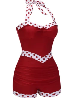 Fashion Retro Stage Red 1940s Halter Patchwork One-piece Swimsuit