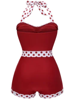Fashion Retro Stage Red 1940s Halter Patchwork One-piece Swimsuit