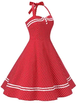 Hot Retro Stage 1950s Halter Polka Dot Dress Red