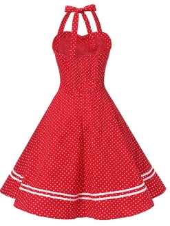 Hot Retro Stage 1950s Halter Polka Dot Dress Red