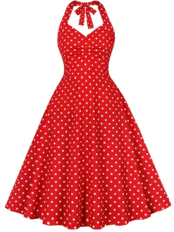 Fashion Retro Stage 1950s Halter Polka Dots Swing Dress Red